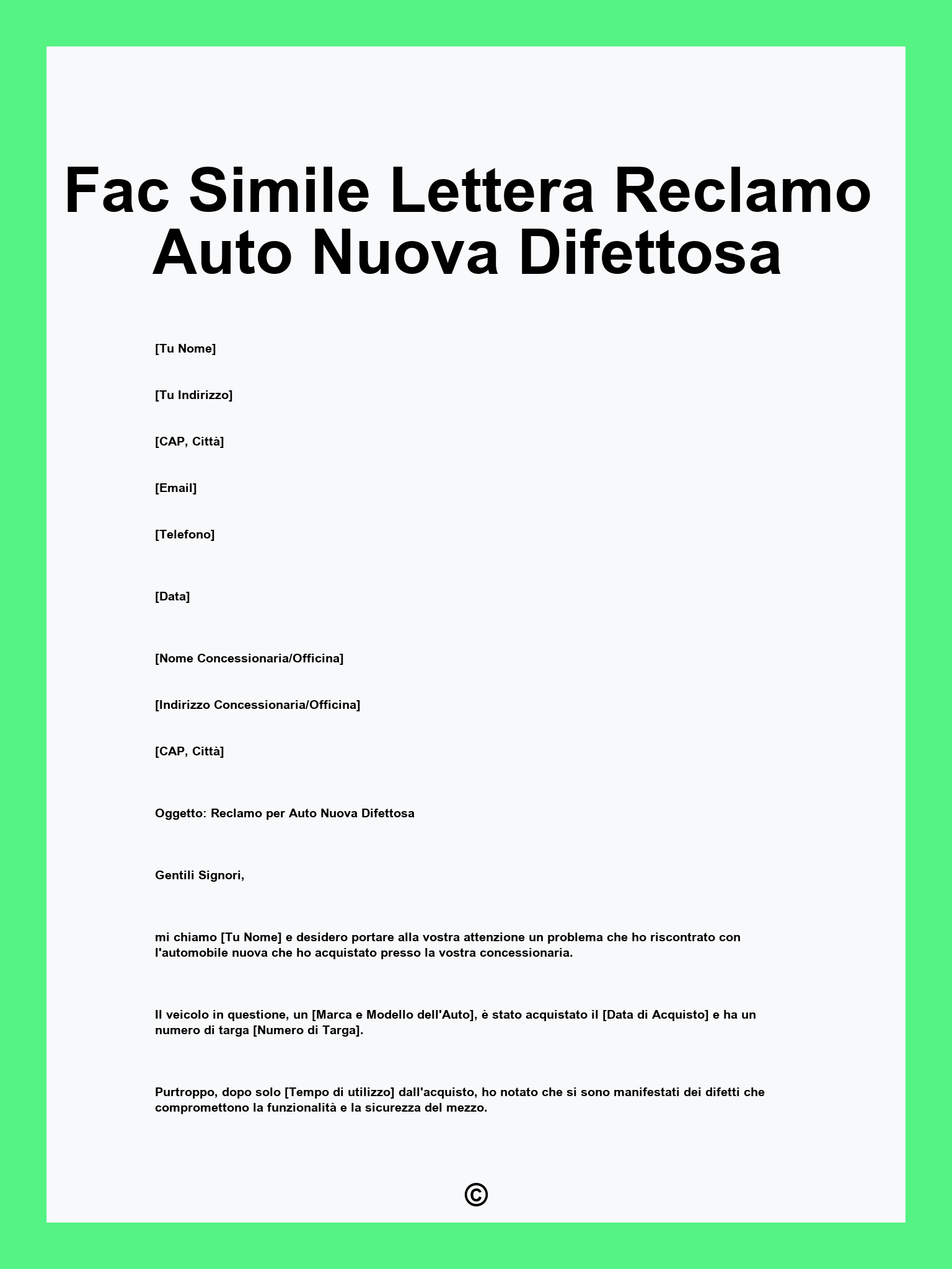 Fac Simile Lettera Reclamo Auto Nuova Difettosa