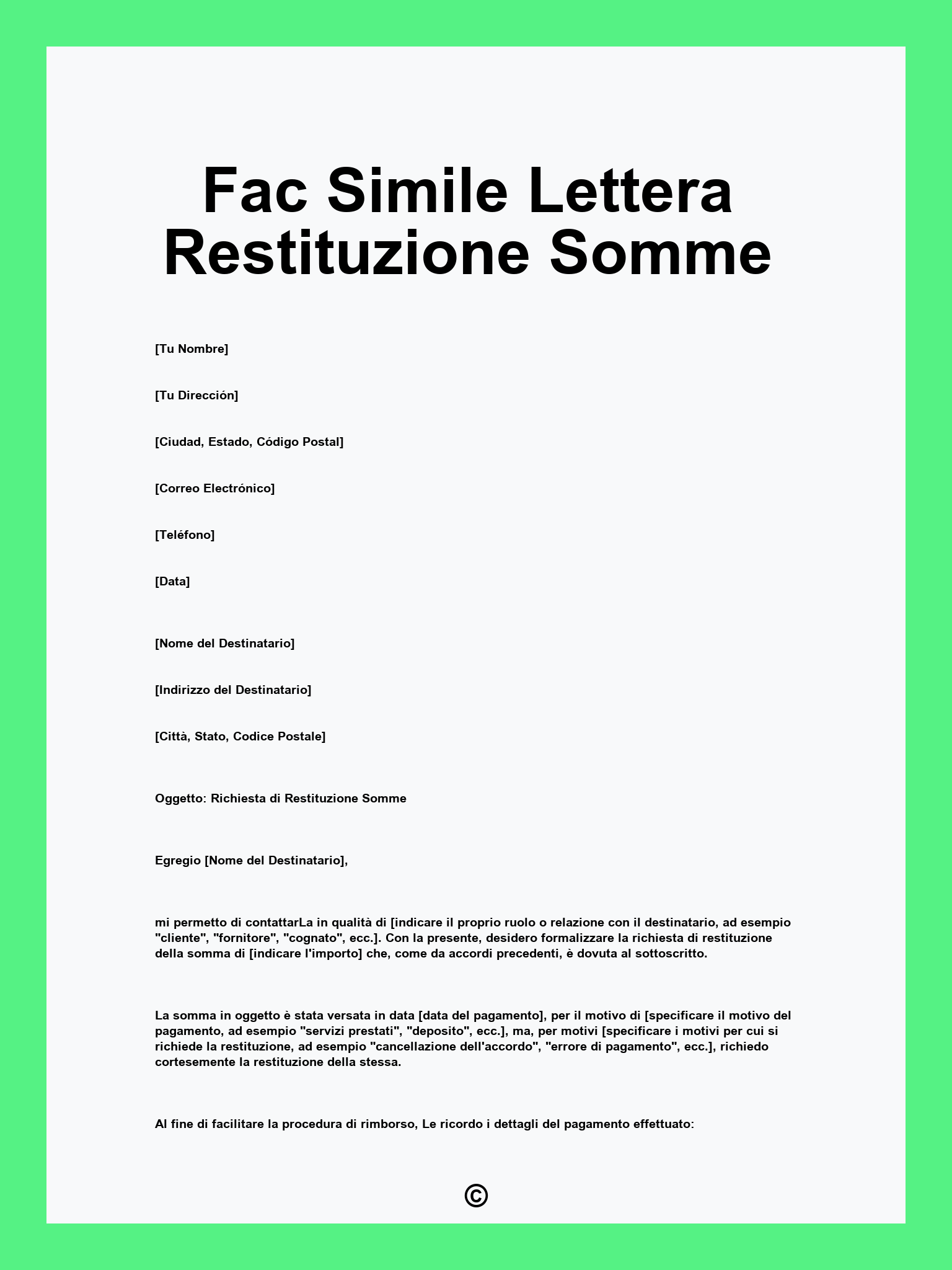 Fac Simile Lettera Restituzione Somme