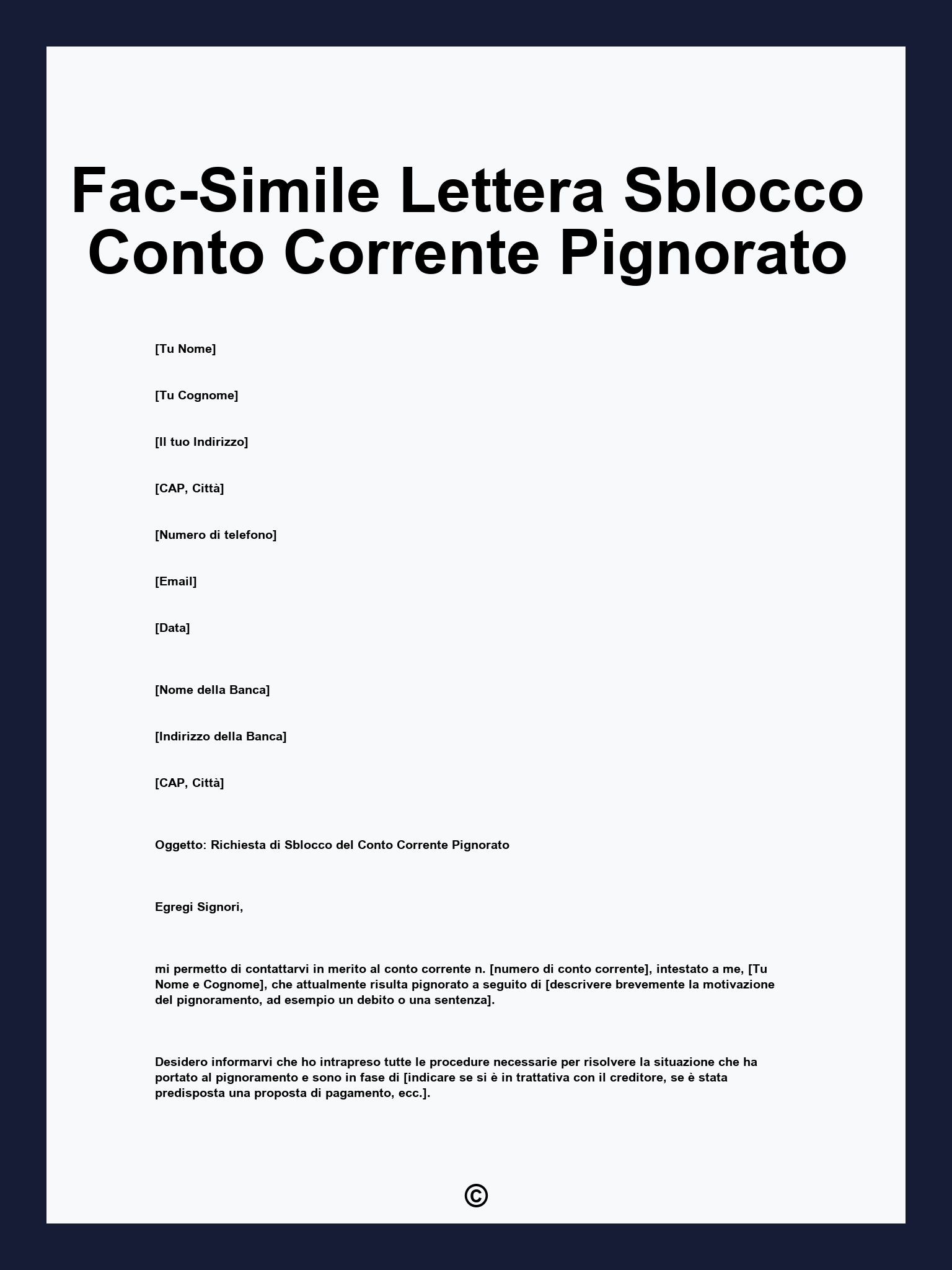 Fac-Simile Lettera Sblocco Conto Corrente Pignorato