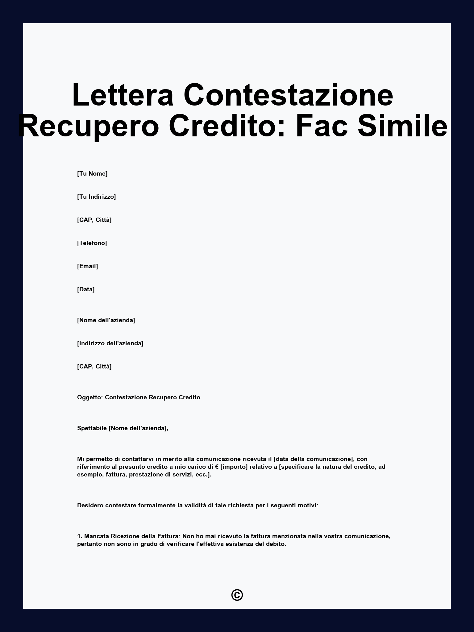 Lettera Contestazione Recupero Credito: Fac Simile