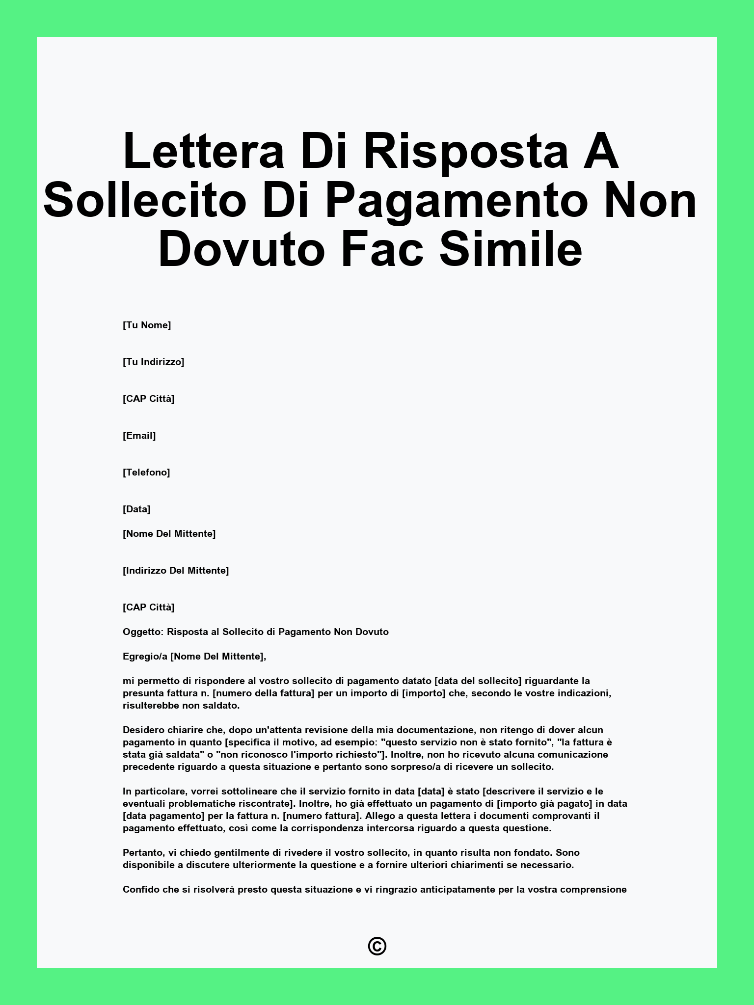 Lettera Di Risposta A Sollecito Di Pagamento Non Dovuto Fac Simile