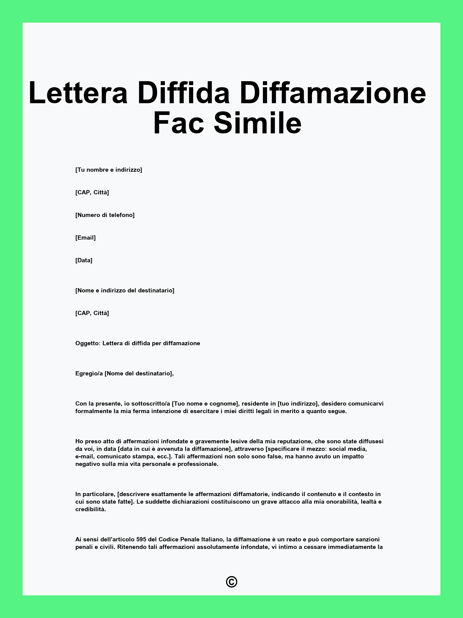 Lettera Diffida Diffamazione Fac Simile
